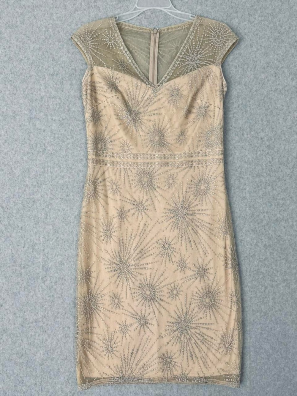 Tadashi Shoji Dress Womens 8 Nude Silver Luca Embroidered Tulle Cocktail Formal